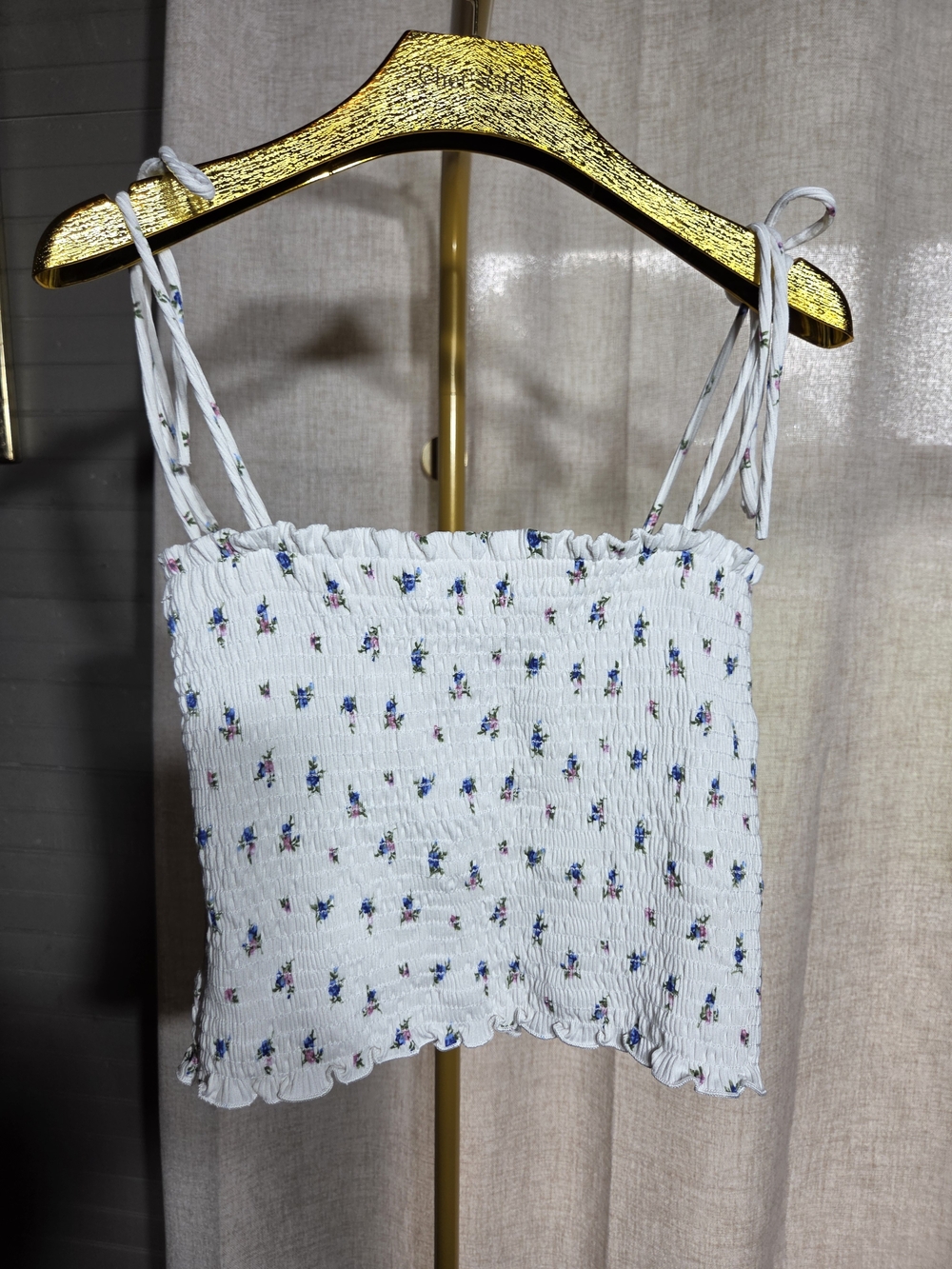 TeenBell White Smocked Crop Top with Blue & Pink Floral Print